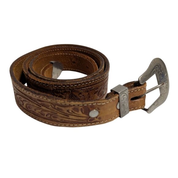 Alpaca Mexico Tooled Leather Belt Silver Buckle Concho Belt Size 36
